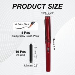 4Pcs Calligraphy Brush Pens with 10Pcs Ink Refill, Red