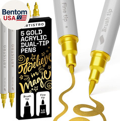 5 Gold Acrylic Paint Pens – Dual Tip Brush + Fine Ideal for Calligraphy – Acryli