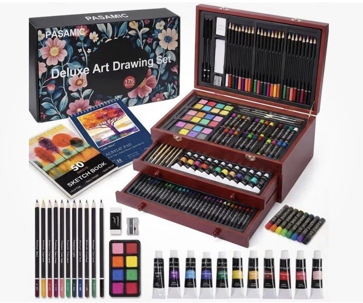 175 Piece Deluxe Art Set with 2 Drawing Pads, Acrylic Paints, Crayons, Colored P
