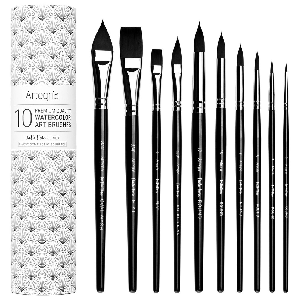 ARTEGRIA Watercolor Brush Set, 10 Professional Soft 10pcs set, Black –