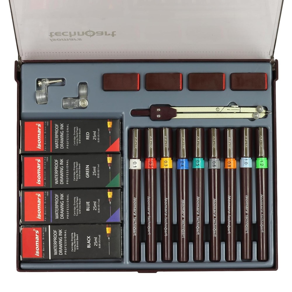 Isomars Technoart Technical Drawing Pen Set of 9 with 4 Waterproof Inks