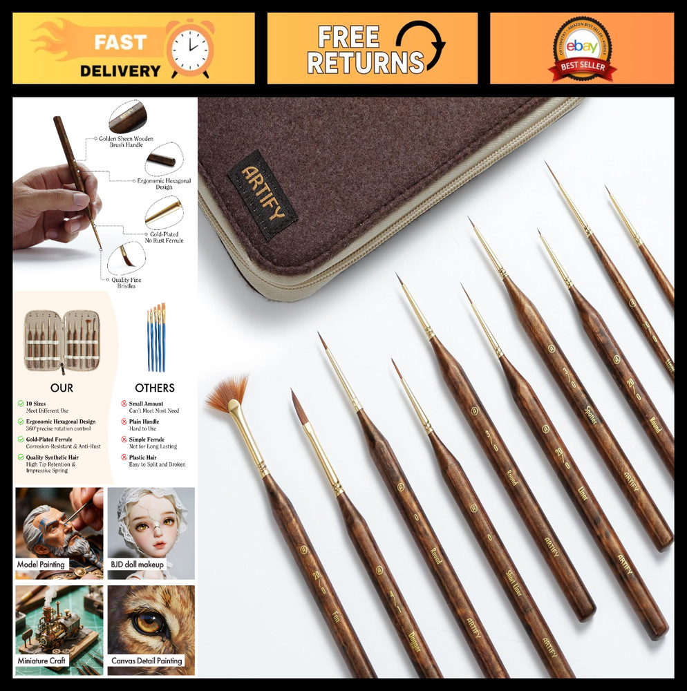 10pcs Fine Detail Paint Brushes Set – Multi-Shape Ultra Fine Art Brushes with Ba