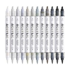 12 Colors Dual Tip Acrylic Paint Markers, Gray and Black Color — Extra Grey
