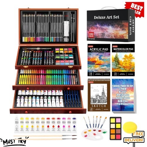 NEW 192PC Deluxe Art Supplies Set Drawing Painting Kit w/ Pads Canvases