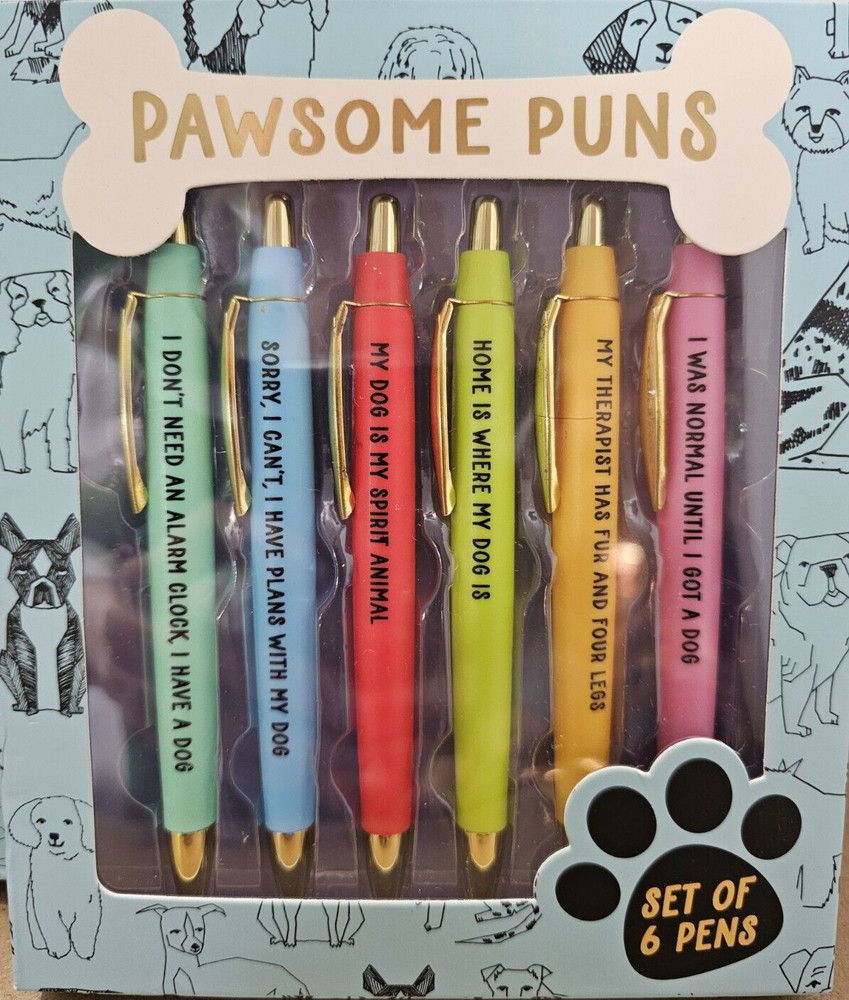 Eccolo Dog “Pawsome Puns” Set of 6 Pens in Gift Box ~ Perfect Dog Lover Gift