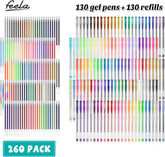 Feela Gel Pens Set, 260 Pack 130 Colored Gel Pens plus 130 Refills for Adult Col