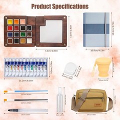 Portable Watercolor Travel Set,15-Grid Wooden Palette Kit with Bag,12 Colors,…