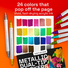 24 Metallic Acrylic Paint Markers – Paint Pens for Drawing, Brush + Fine Tips –