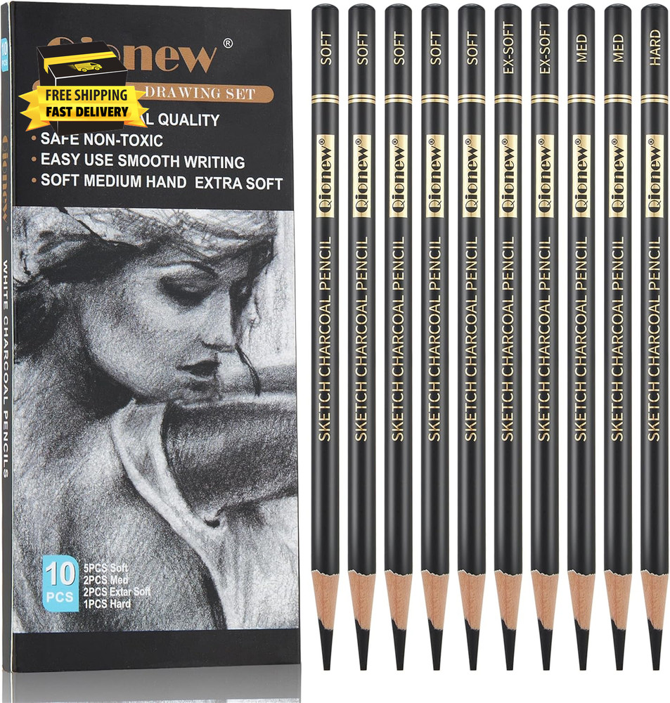 Professional Charcoal Pencils Drawing Set – 10 Pieces Super Soft, Soft, Medium &