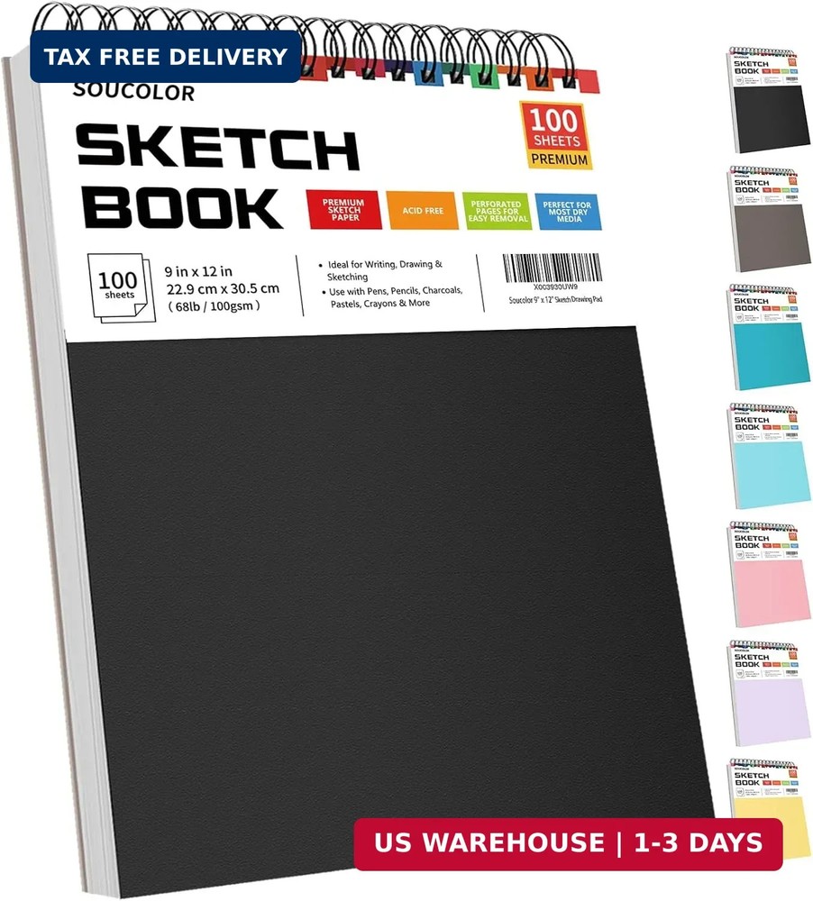 Soucolor 9″ x 12″ Sketch Book, 100 Sheets Top Spiral Bound Sketchbook with Acid-