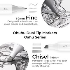 Ohuhu Alcohol Markers Brush Tip 36 Grayscale Colors w/ 1 Blender – Chisel & Fine