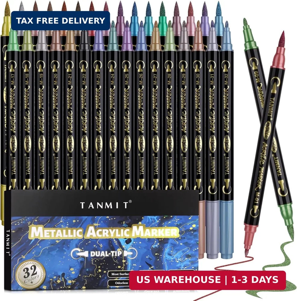 TANMIT 32 Colors Metallic Marker Pens, Dual Tip Acrylic Paint Pens Markers for B