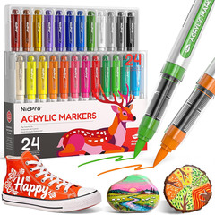 24 Colors Acrylic Paint Markers Brush Tip, Water-Based No-Bleed Paint Markers wi