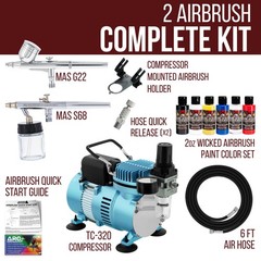 2 Airbrush Kit 5 Wicked Colors Air Compressor Dual-Action Createx Hobby Set