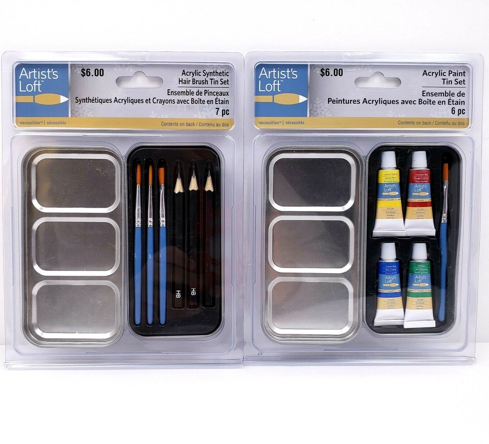 Artists Loft Acrylic Paint 6 Piece and Acrylic Synthetic Hair Brush Tin Sets Lot