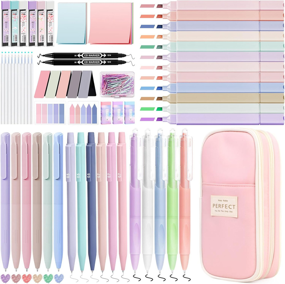 110 PCS Aesthetic School Supplies with Pen Case,12 Pastel Highlighters,5 Black I