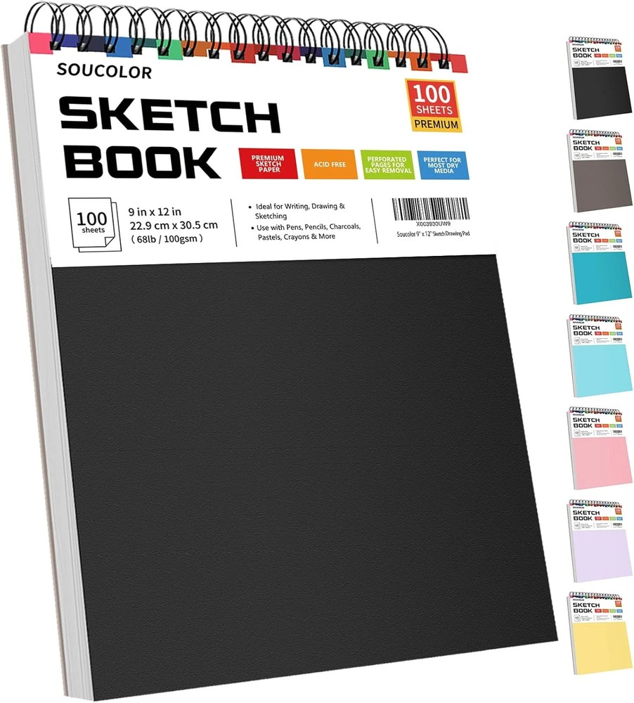 Soucolor 9″ x 12″ Sketch Book, 100 Sheets Top Spiral Bound Sketchbook with Acid-