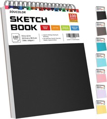 Soucolor 9″ x 12″ Sketch Book, 100 Sheets Top Spiral Bound Sketchbook with Acid-