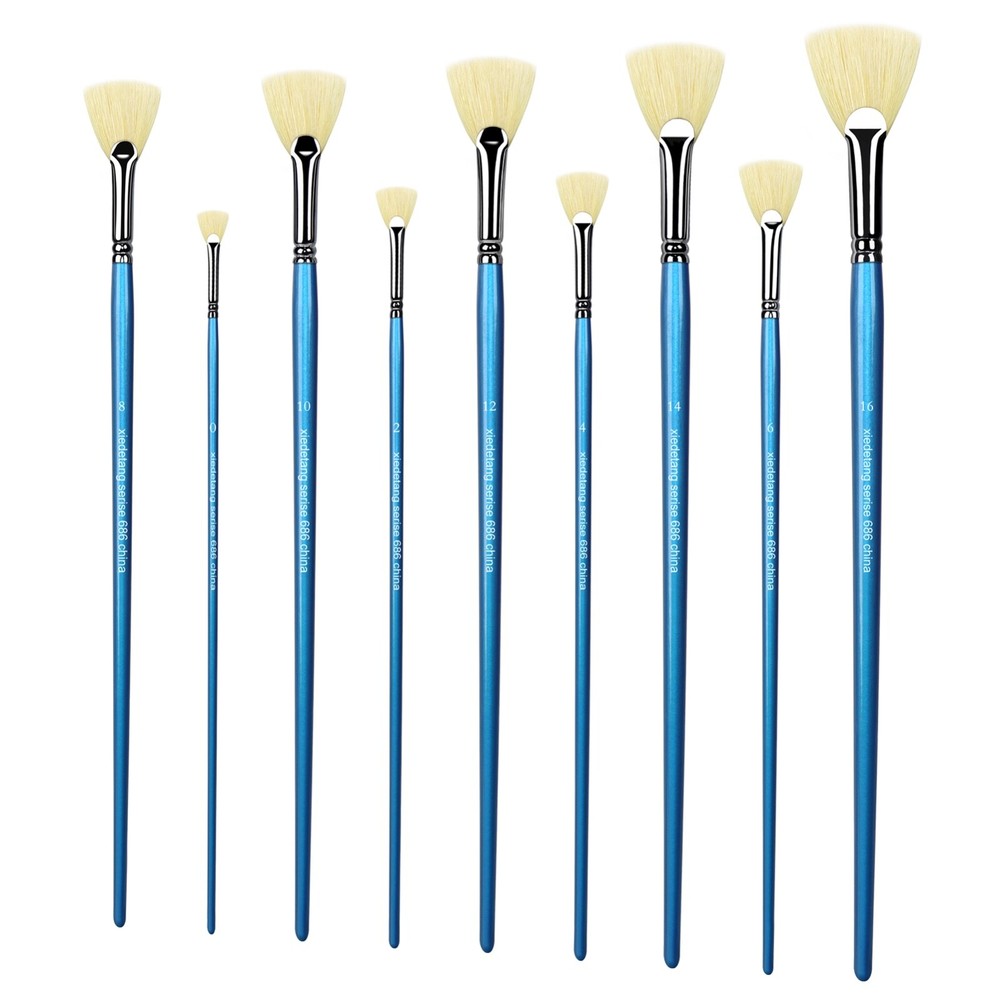 XDT#686 Fan Art Brush 9Pc #0#2#4#6#8#10#12#14#16 Hog Acrylic Oil Watercolor