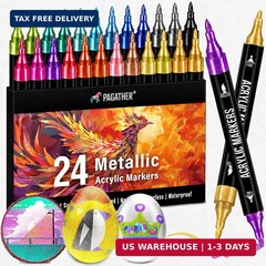 Pagather 24 Metallic Colors Acrylic Paint Markers, Dual Tip with Fine Tip and Br