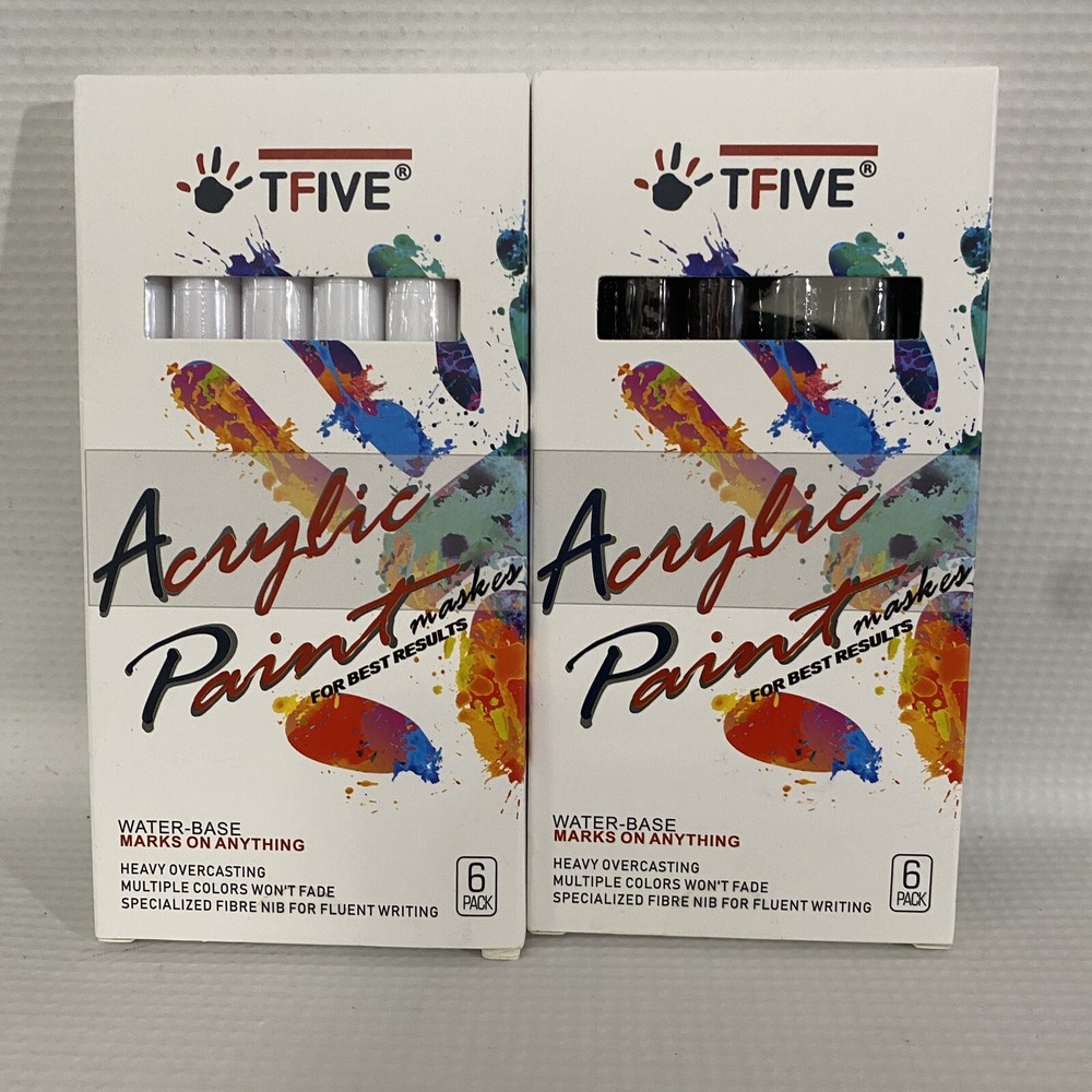 TFive Acrylic Paint Marker Permanent Two 6 Pack Black White Water Base New