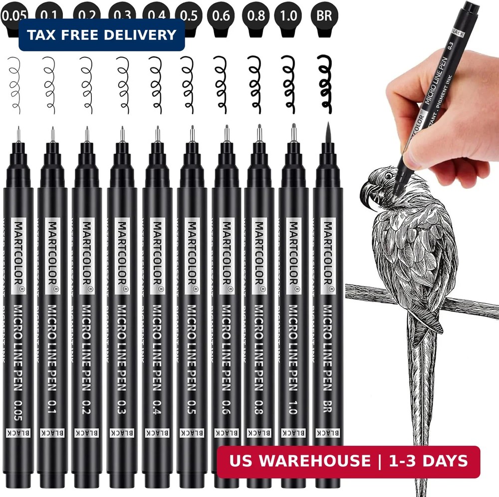 MARTCOLOR Micro Pen Fineliner Pens, 10 Size Fine Point Archival Black Ink Pens,