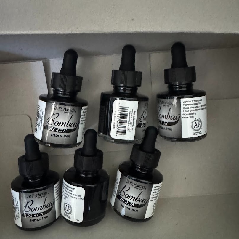 Lot of 12 Dr. Ph. Martin’s Bombay India Ink Ink Bottle, 1.0 oz, BLACK WHITE