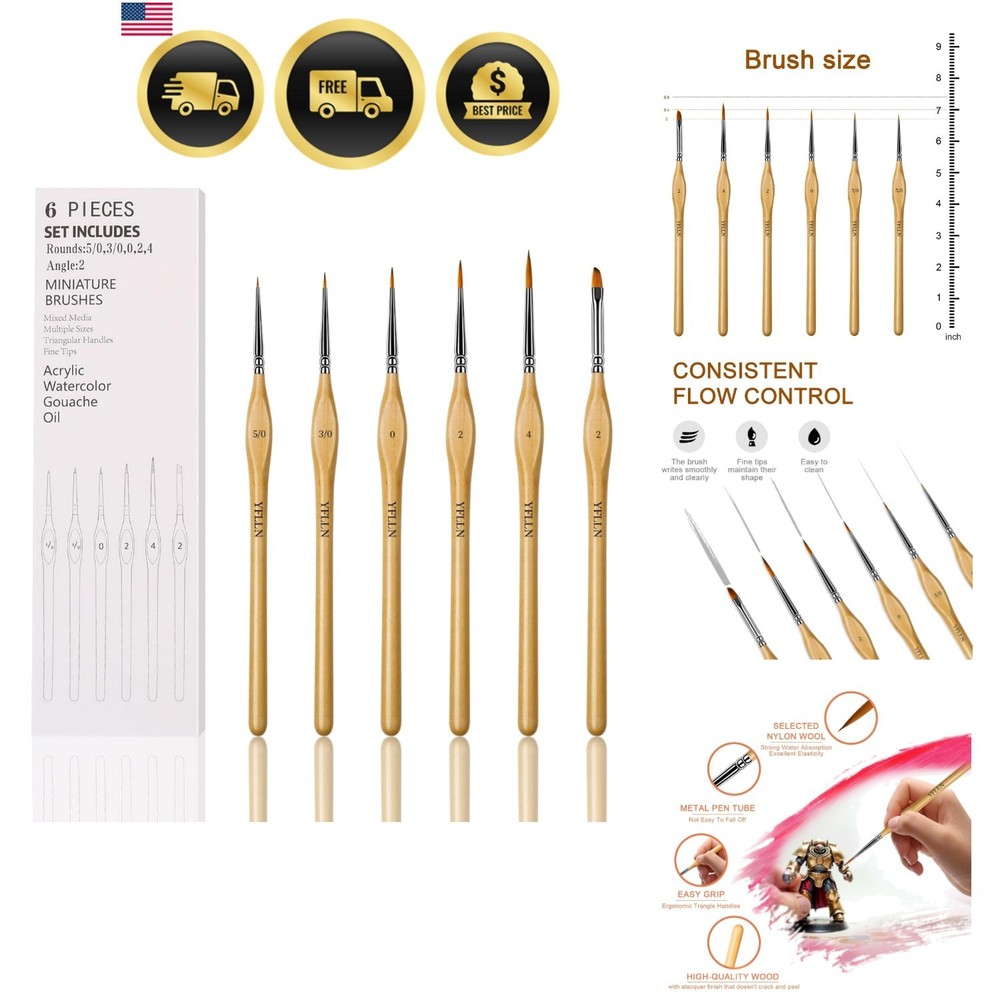 6Pcs Miniature Paint Brushes Set with Triangular Handles – for Acrylics, Oils…