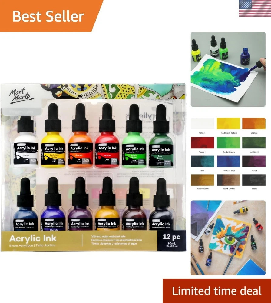 Acrylic Ink 12Pc X 20Ml (0.7 US Fl.Oz), Acrylic Inks for Artists, Essent