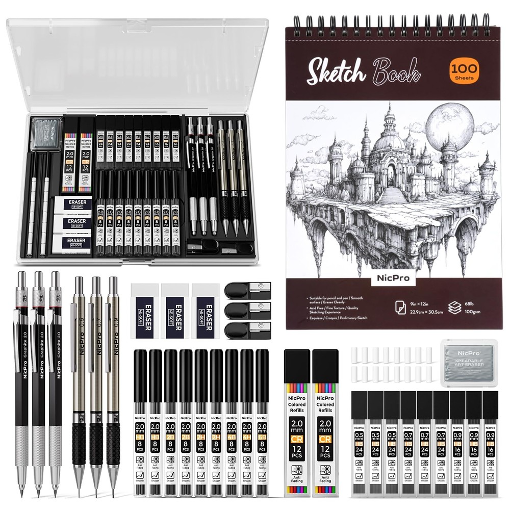 Nicpro 37PCS Art Drawing Supplies Kit, Metal Mechanical 37, Black Silver gray
