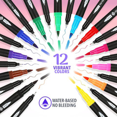 12 Dual Tip Markers Set – No-Bleed Coloring Markers for Adults – Fine & Brush Ti