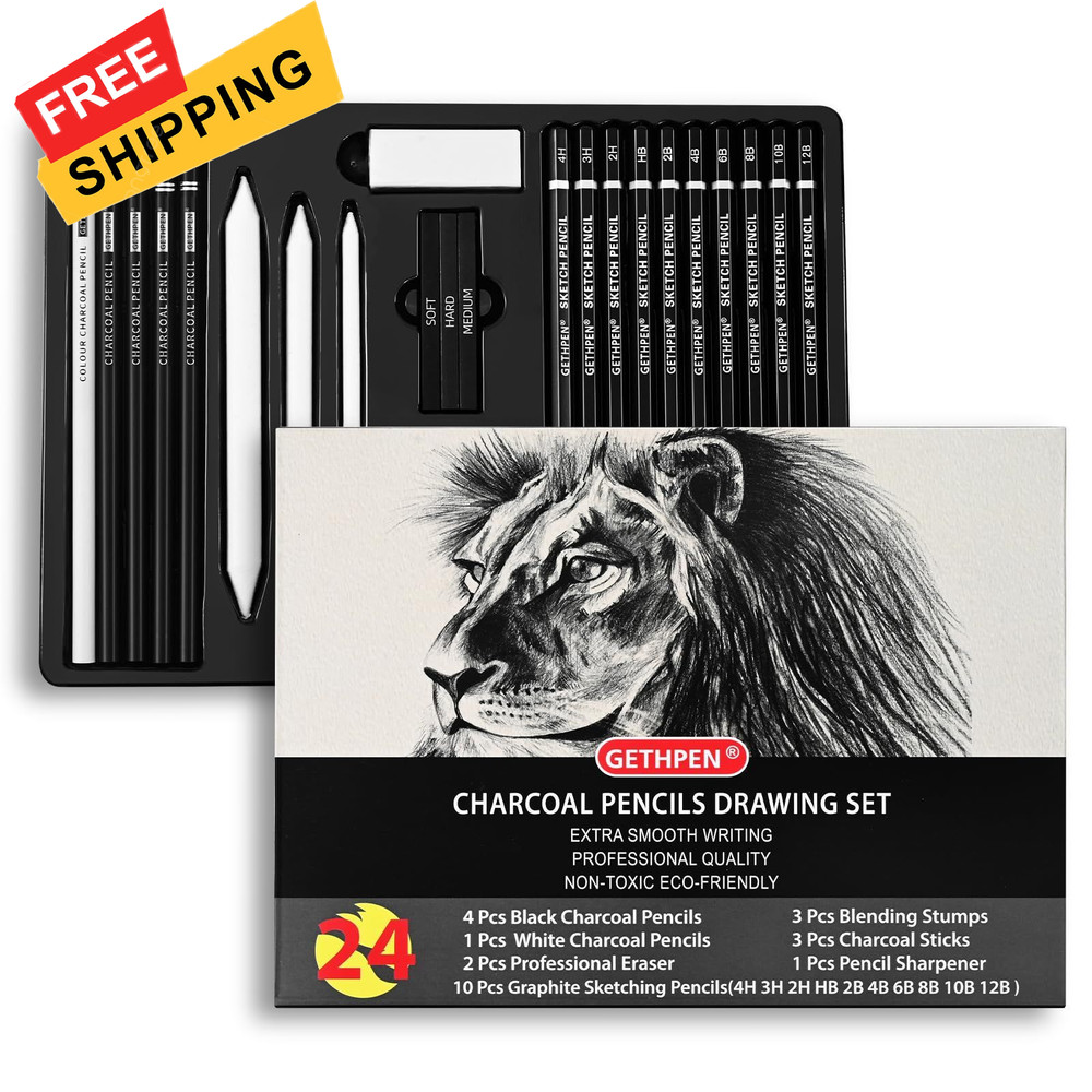 Drawing Sketching Pencil Set, 24 Piece Pro Artist Sketch Kit – Graphite Black