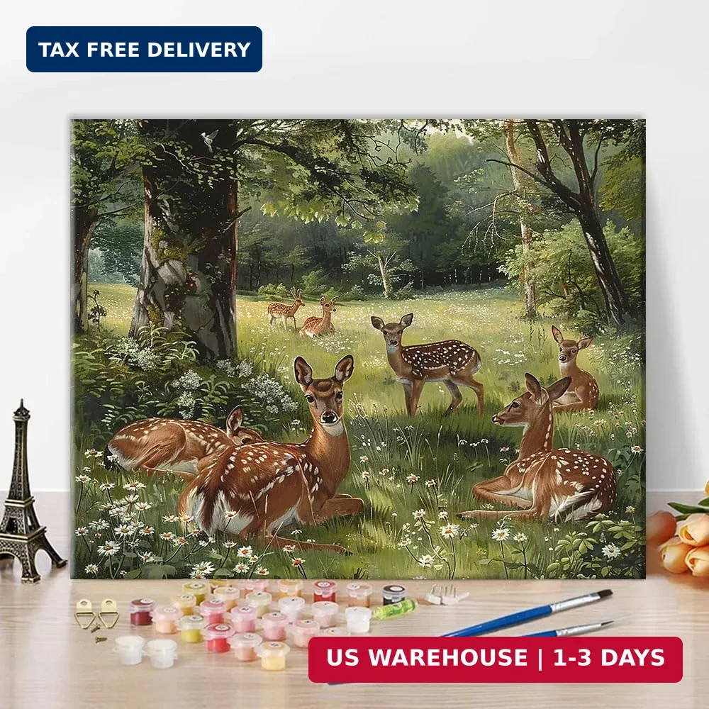 TUMOVO Frameless Deer Paint by Numbers Kit for Adults DIY Herd Deer Resting Mead
