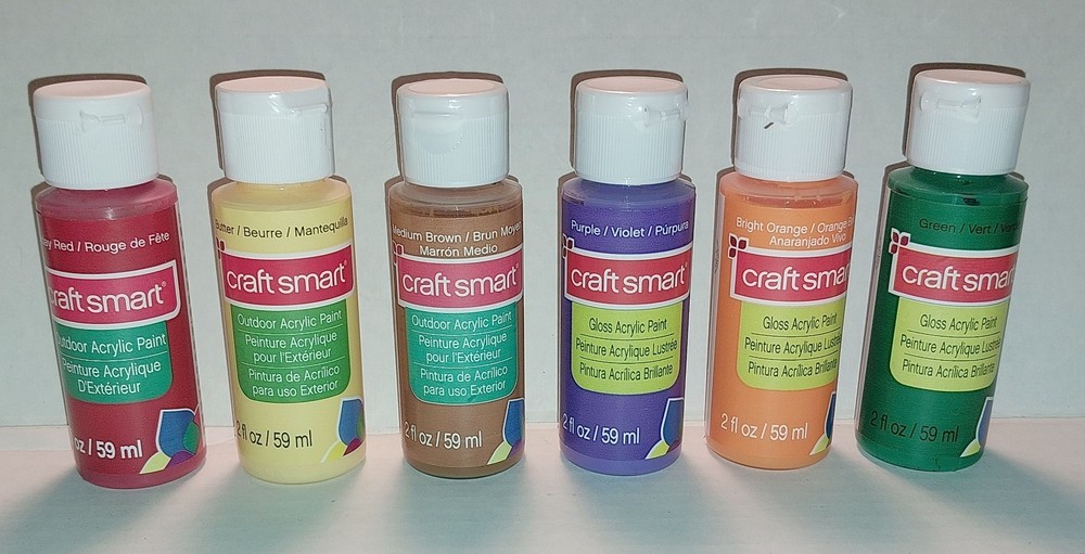 CraftSmart 6 ACRYLIC PAINTS 2-FlOz Red Yellow Brown Purple Orange Green $8Sh
