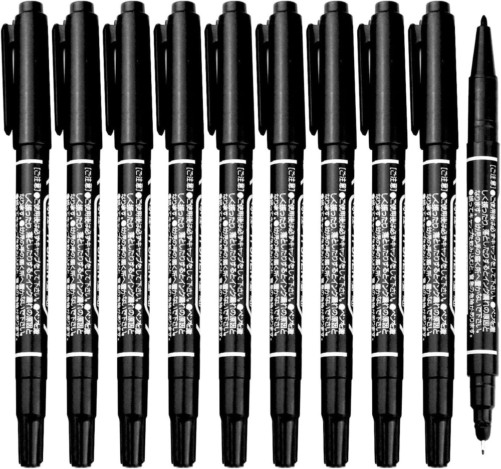 10 Set Dual Tip Marker Black Felt Pen Brush Fine Point Art Drawing Sketch Tool