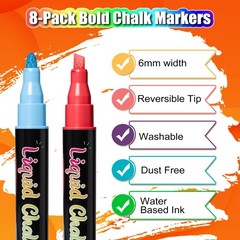 Reaeon Chalk Markers, Vibrant Color Liquid 1 Count (Pack of 8), Multicolor