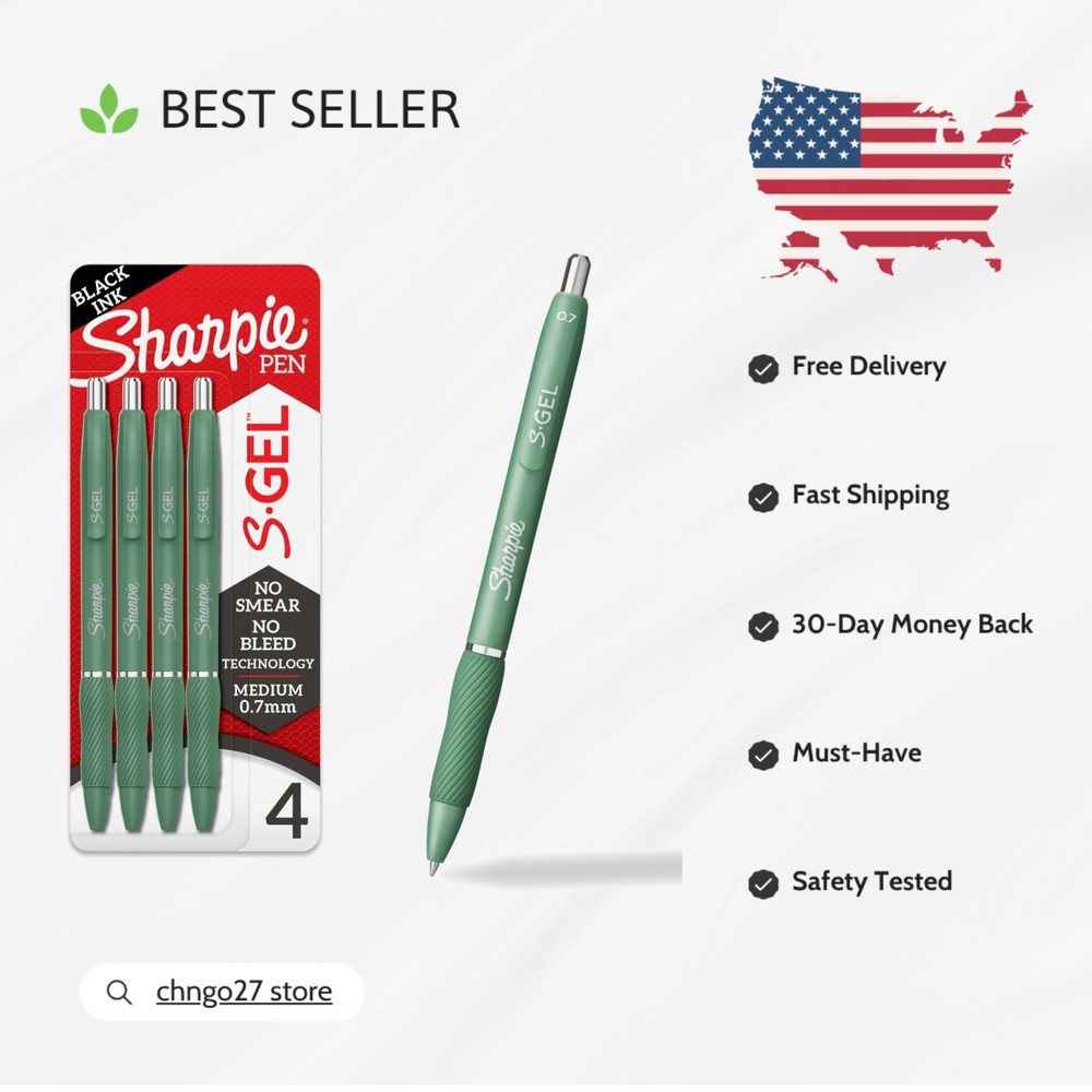 4-Pack S-Gel Pens with Retractable Closure, Green Barrel, Soft Grip, Black Ink