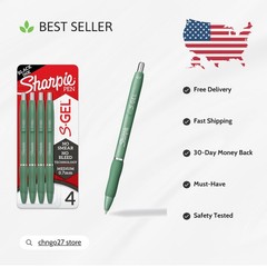 4-Pack S-Gel Pens with Retractable Closure, Green Barrel, Soft Grip, Black Ink