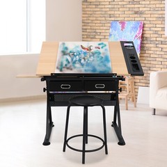 Drafting Table Art Desk Artist Drawing Table Adjustable Tilted Tabletop w/Stool