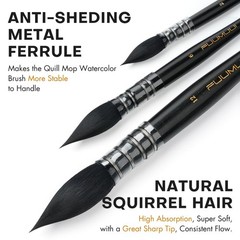 3PCS Squirrel Hair Watercolor Brushes, Fuumuui Professional Mop Round Quill Deta