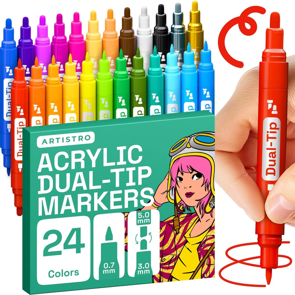 24 Dual Tip Acrylic Paint Markers Medium Fine 22 Colors 2 Chrome Pens