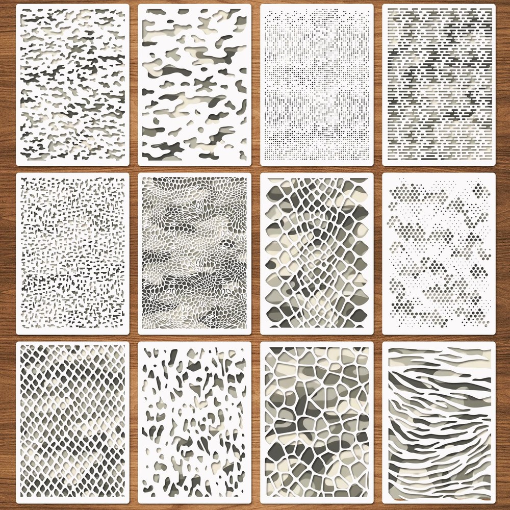 12 Pcs Camo Print Stencils, Large Camouflage 8.3×11.7 inches, translucent