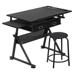 Drafting Desk Drawing Table 9 Levels Adjustable angle w/ Stool Arts Crafts Black