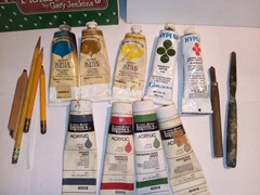 Vintage Art Supplies, Acrylic Paints, Pencils, Knives And How To Books