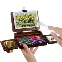11-Piece Portable Watercolor Palette Set – Foldable Walnut Box with 24 Grids,…