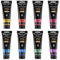 Metallic Acrylic Paint Set 8 Jewel Tones 4.06oz Tubes Rich Pigments