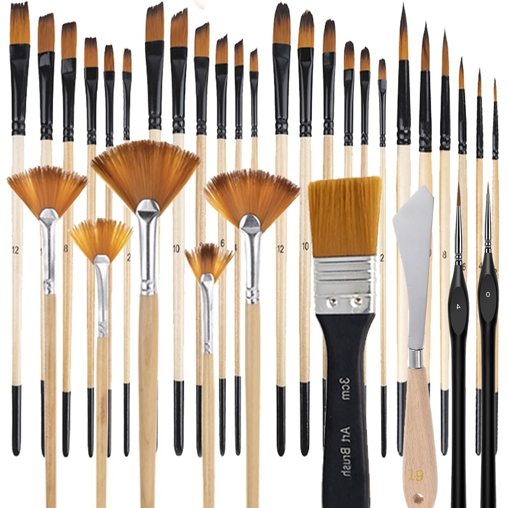 33 Pieces Paint Brush Set, Artist Series, Nylon Bristles with Round, Filbert,…