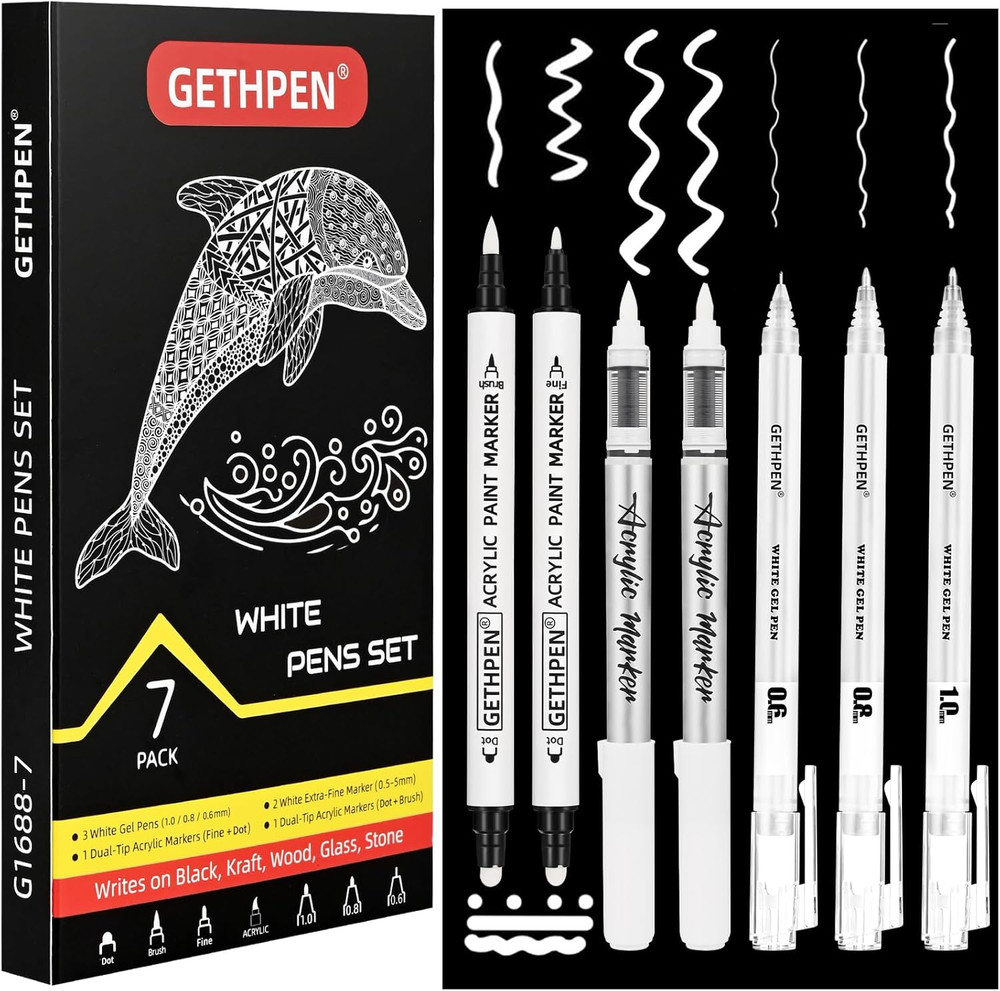 GETHPEN White Ink Pens, Fine Point Gel Pens, Brush Tip Acrylic Markers,White Pai