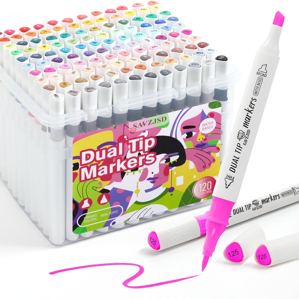 120 PCS Dual Tip Markers Set Brush Chisel Double Tipped Art Pens Water Based