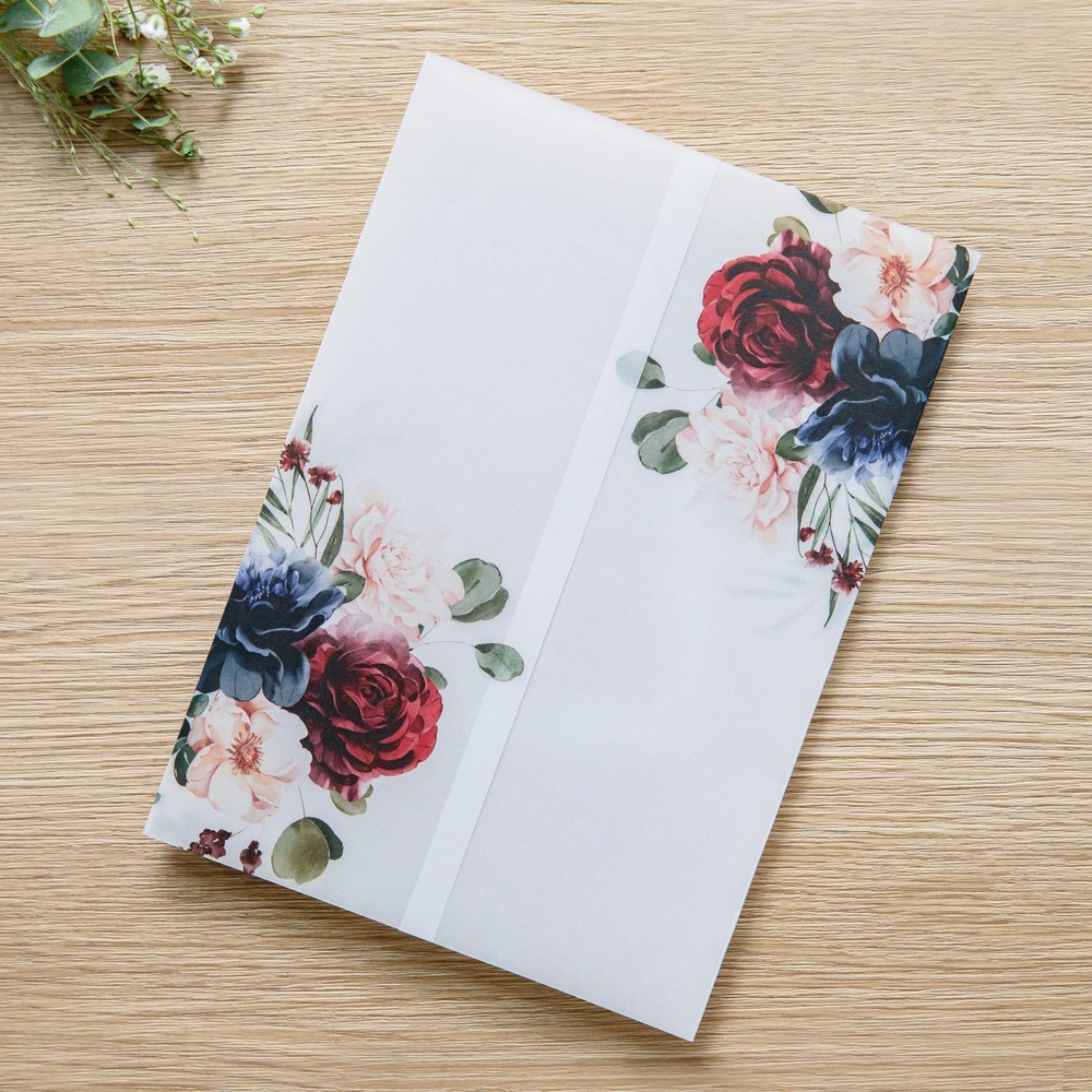 50 PCS Vellum Jackets for 5×7 Invitation Cards Burgundy Navy Blue Flowers